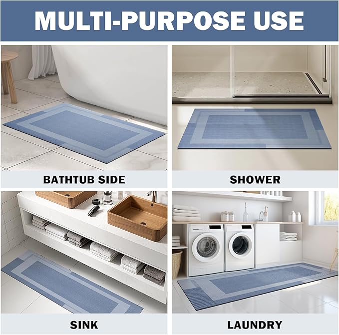 Non Slip Bath Mat, Rubber Backing Ultra Thin Bathroom Rugs Fit Under Door Quick Dry Super Absorbent Washable Bath Rug Shower Mat for Bathroom Floor Bathtub Shower Sink, Easy Care Blue 16"x 24"