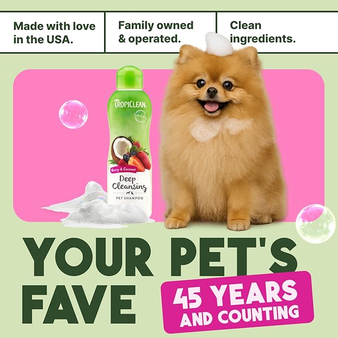 TropiClean Deodorizing Dog Shampoo for Smelly Pets, Long Lasting Odor Control, Puppy Safe, Made in the USA, Berry Scent, Cat Friendly, 20oz.