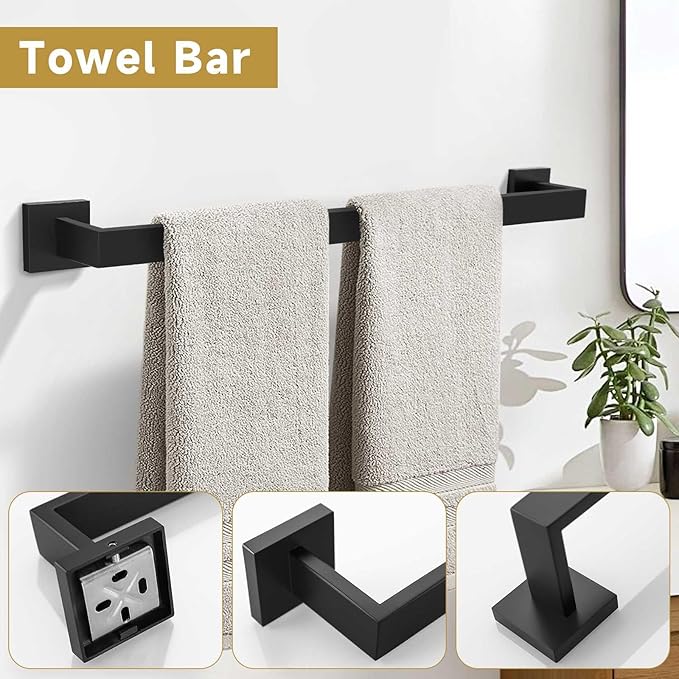 5 Pieces Bathroom Hardware Accessories Set Matte Black Towel Bar Set Towel Holder Racks Set for Bathroom,SUS304 Stainless Steel,Wall Mounted 23.6-Inch