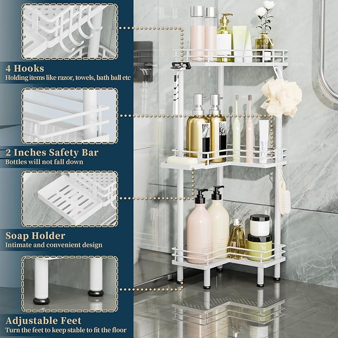 Consumest Corner Shower Caddy Standing - 3-Tier Stainless Steel Shower Organizer with Soap Holder and 4 Hooks, Large Capacity Corner Shelf Stand for Bathroom, Rest Room, White