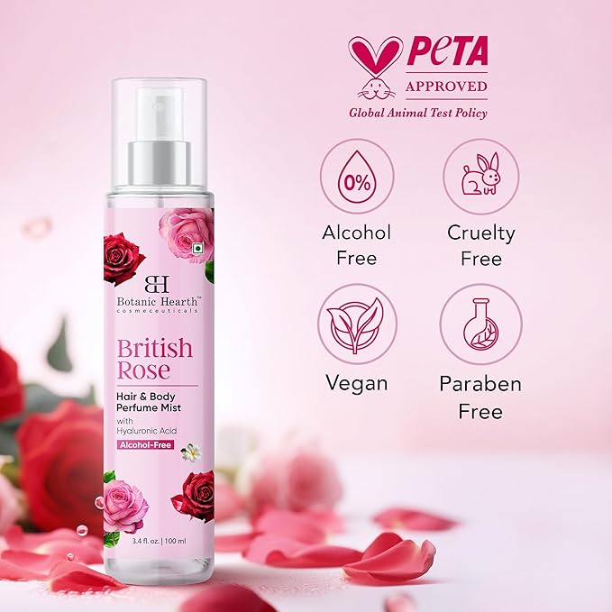 Botanic Hearth British Rose Hair Perfume & Body Perfume Mist with Hyaluronic Acid, Alcohol-Free, Refreshing & Hydrating Body Spray, Long Lasting Floral Fragrance, 100 ml / 3.4 fl oz