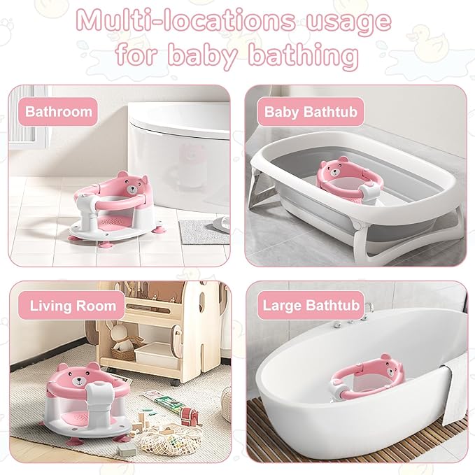 Baby Bath Seat for Babies 6 Months & up, Non-Slip Toddler Bath Seats for Babies Sitting Up, Safe Infant & Newborn Bathtub Chair with 4 Suction Cups & Soft Cushion for Shower,Pink