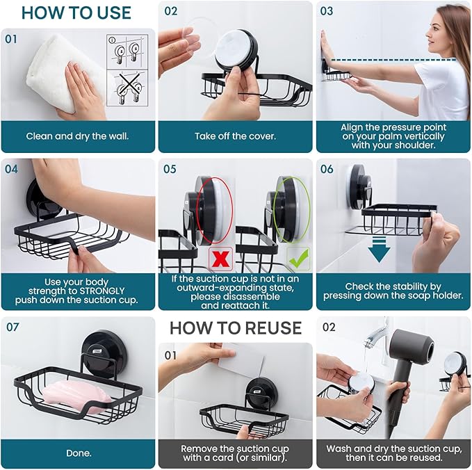 TAILI Soap Holder Dish Suction Cup, Bar Shampoo Rack for Shower Wall, Draining Soap Saver Tray for Bathroom, Rustproof Stainless Steel Sponge Holder for Tub, Kitchen, Drill-Free, Black