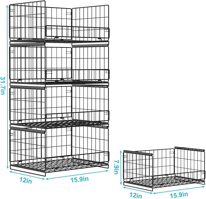4-Tier Sliding Closet Organizers and Storage Shelves, Stackable Closet Shelf Organizer Basket Bins, Drawer Shelf Storage Container for Wardrobe Cupboard Kitchen Bathroom Office, Black