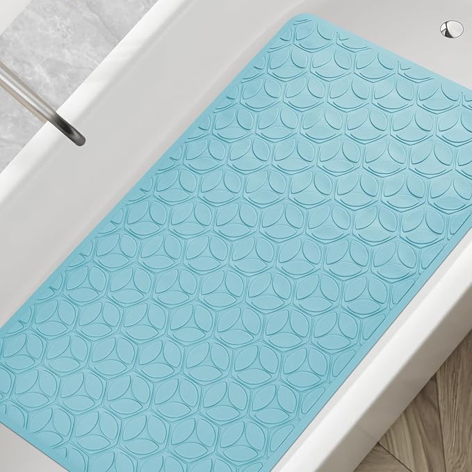WRISIN Bathtub Mat Non Slip with Suction Cups - 100% Rubber Bathroom Mat Textured for Bath Tub Shower Safety - Soft on Touch - BPA/PVC Free - Pet Dog Bath Mat - Machine Washable - 16 × 28 Inch（Blue）
