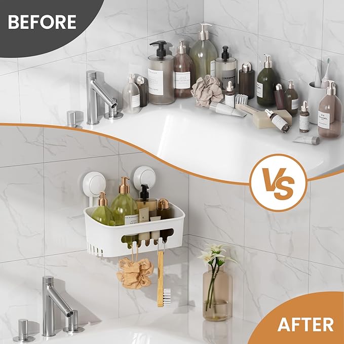 LEVERLOC Shower Caddy Suction Cup, Shower Organizer Removable Bathroom Shelf, Storage Suction Powerful Max Hold 22lbs Bathroom Caddy Waterproof Holder, White