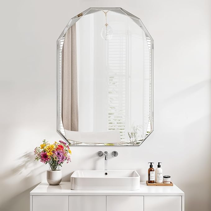 Bathroom Mirror for Wall, 20" x 30" Arched Mirror, Bathroom Vanity Mirrors, Beveled Edge Frameless Wall Mount Vanity Mirrors, Wall Mirror Decorative, Irregular Beveled Edge Mirrors