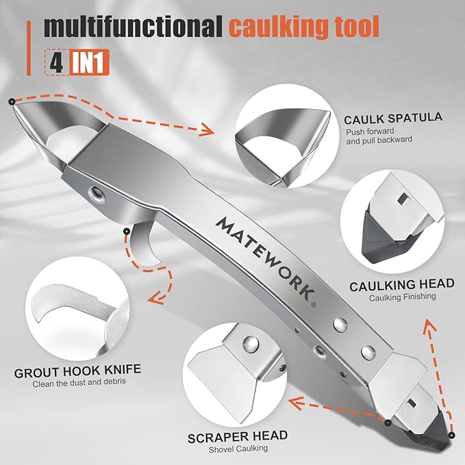 Caulking Tool Kit, Matework Stainless Steel Caulk Remover Caulking Tool Set with Cut Resistant Gloves, Scraper, Silicone Caulking Tools, 4 in 1 Caulking Finishing Tool for Bathroom Kitchen Living Room