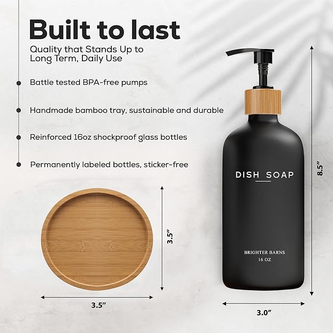 Black Glass Dish Soap Dispenser for Kitchen Sink by Brighter Barns - Modern Kitchen Soap Dispenser Set with Tray - Bamboo Bottle with Pump - Boho Home Decor, Modern Home Decor for Airbnb, Gift (Black)