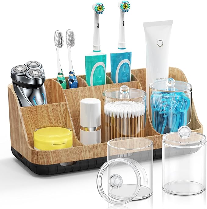 Bathroom Toothbrush Holder Set with 2 Pack Qtip Holder Dispenser - 7 Slots Kids Bathroom Accessory Sets with Drainage, Q Tip Holder for Bathroom Sink Counter Accessories Set