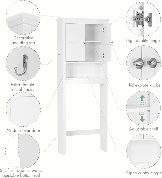 Spirich Over The Toilet Storage Cabinet, Space-Saving Above Toilet Bathroom Organizer with Adjustable Shelf and Hooks, White