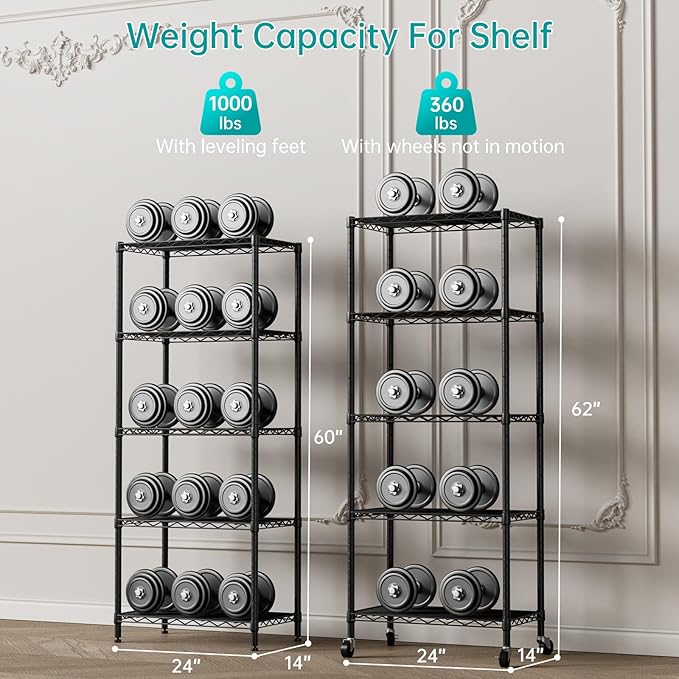 SINGAYE 5 Shelves Storage Shelf Wire Closet Bathroom Organizers Metal Pantry Kitchen Garage Shelving Unit Laundry Room Organization Home Rack Net Basket Black with Wheels