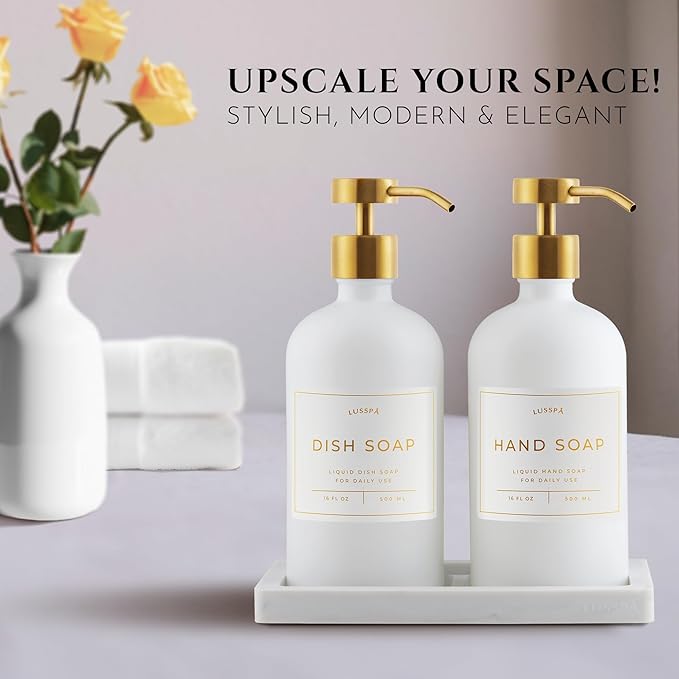Lotion, Hand & Dish Soap Dispenser for Kitchen Sink - Bathroom Soap Dispenser Set of 2 16.8 Oz Glass Bottles with Stainless Steel Pump, 15 Water Proof Labels & Silicon Tray (White/Gold)