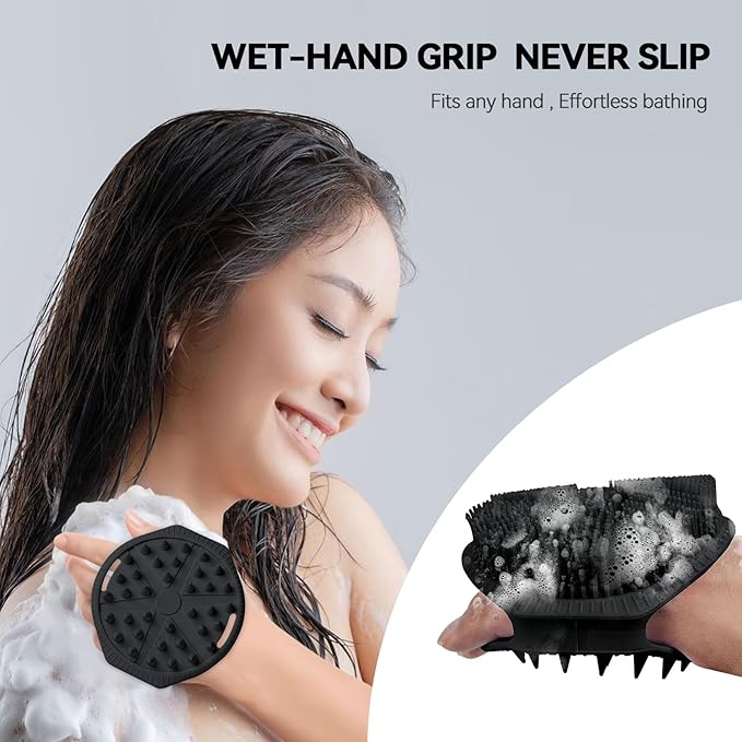 OTHIX Dual-Sided Silicone Body Scrubber, 2-in-1 Silicone Loofah for Shower Exfoliating Body Brush Buffer Scrubber for Men and Women for All Skin, Scalp Massager Lather Well＆Easy to Clean (Black)