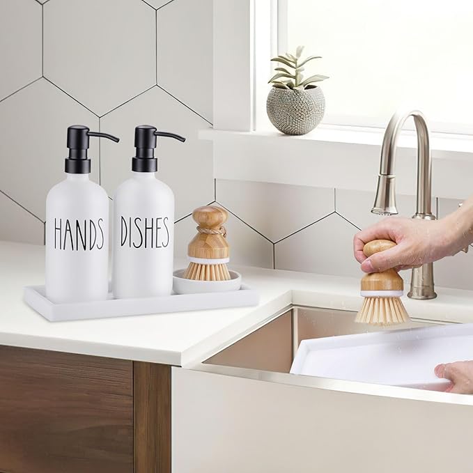 Glass Soap Dispenser for Kitchen, Farmhouse Dish Hand Soap Dispenser Set, Rustproof Pump Dispenser Set with Tray and Dish Brush, Kitchen Decor（White）