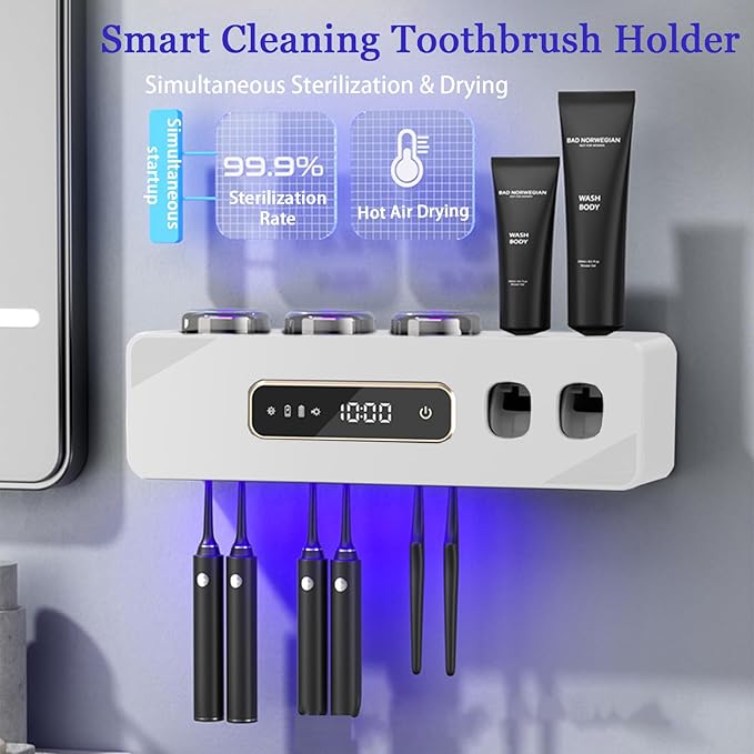Automatic Toothpaste Dispenser,Rechargeable Toothbrush Holders for Bathrooms,3 Cups Electric Toothbrush Holder Wall Mounted with Toothpaste Dispenser Bathroom Decor (White)