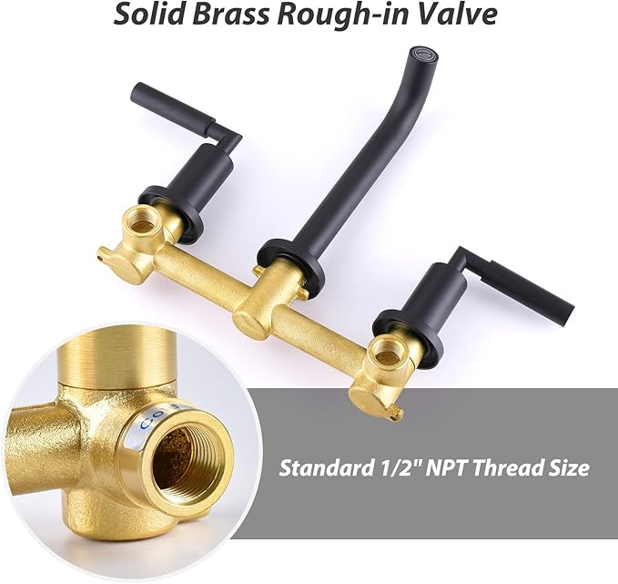 RBROHANT Black Wall Mount Faucet with Pop up Drain Set for Sink Without Overflow, Matte Black Dual Handle Wall Mounted Bathroom Sink Faucet, Brass Rough-in Valve Included, RB0735D