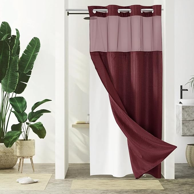 Gibelle Stall Small Shower Curtain 36x74, Waffle Weave Shower Curtain with Snap-in Fabric Liner Set, No Hooks Needed, Hotel Style with Mesh Top Window, Burgundy