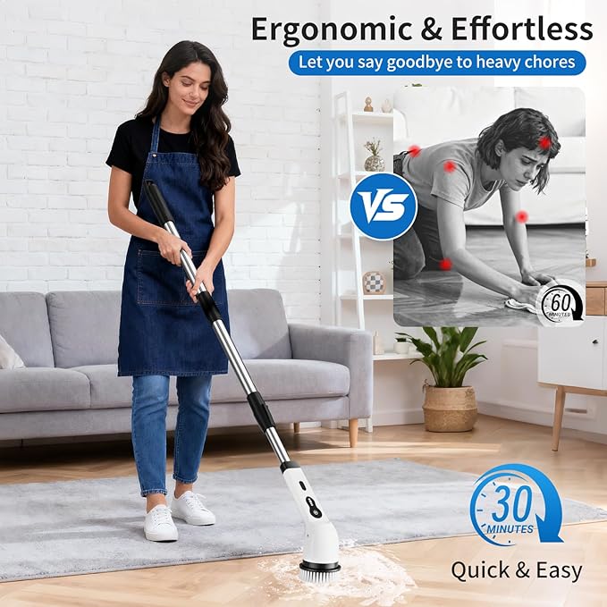 Electric Spin Scrubber, Ultimate Household Cleaning Brush with 90Min Runtime & 8 Heads & 2 Modes- 52in Electric Shower Scrubber Deep Clean for Bathroom Grout, Oven, Shower, Tile & Car, IPX6 Waterproof