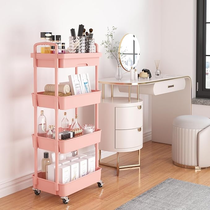 Calmootey 4-Tier Rolling Utility Cart with Drawer,Multifunctional Storage Organizer with Plastic Shelf & Metal Wheel,Storage Cart for Kitchen,Bathroom,Living Room,Office,Pink