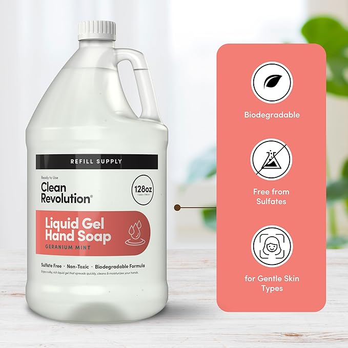 Clean Revolution Liquid Gel Hand Soap, Silky Rich Liquid, Quick Lather, Fast Rinsing, Contains Real Essential Oils (Geranium Mint) 128 Fl Oz