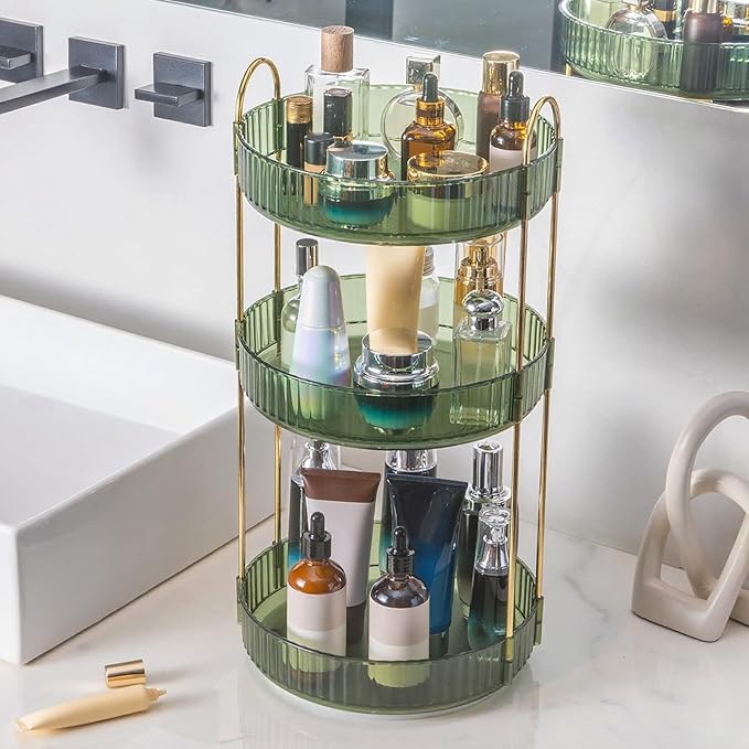 360° Rotating Makeup Organizer, Bathroom Make Up Spinning Holder Rack, Large Capacity Cosmetics Storage Vanity Shelf Countertop, Fits Cosmetics, Perfume, Skincare(3 Tiers, Green)