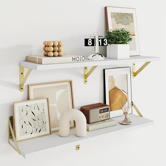 Deep Floating Shelves for Wall, 24W x 8D Wall Mounted Shelves Set of 2, Wide Display Ledge Shelf with Sturdy Metal Brackets for Living Room, Bathroom, Bedroom and Kitchen, White with Gold Brackets