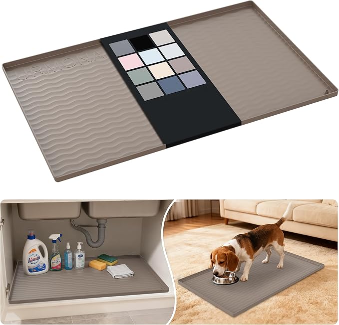 URMONA Waterproof Silicone Under Sink Mat 31'' x 19'' Shelf Liner for Kitchen and Bathroom, Cabinet and Counter Protector, Storage and Organizers, Litter Mat, Pet Cat Puppy Essentials(Beige)