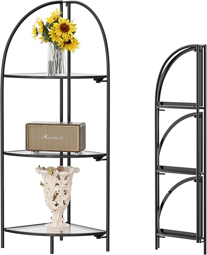 Crofy Foldable 3 Tier Corner Shelf, Metal Corner Plant Stand with Black Frame and Transparent Shelves, Corner Display Rack Multipurpose Shelving Unit for Living Room, Bedroom, Bathroom