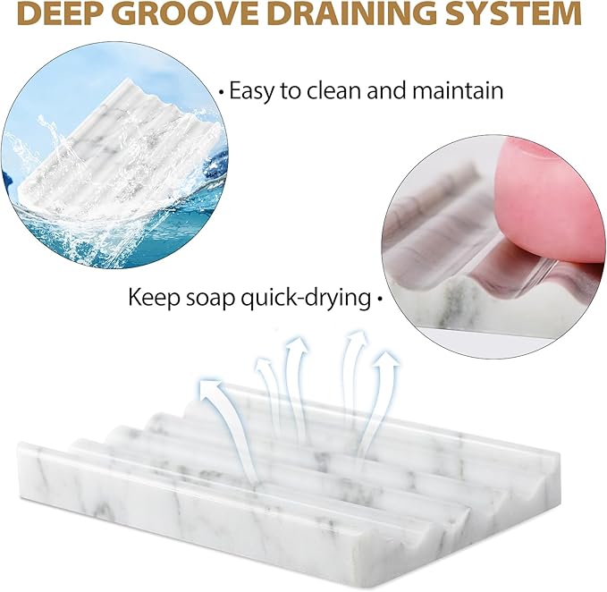 2PCS Koville Italian Natural Marble Soap Dish for Shower, Stone Soap Tray for Bathroom, Bar Soap Holder for Sink, Stripe Grooves Saver Keep Bars Dry Easy Clean (Bianco Carrara)
