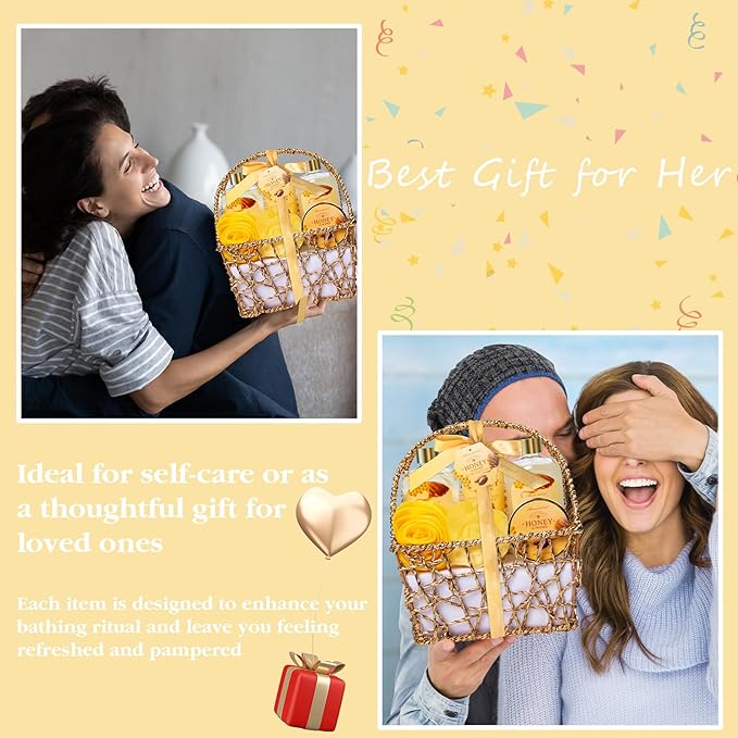 Gift Baskets , Spa Gifts for Women, 8pcs Honey Almond Bath Gift Set for Women, Relaxation Self Care Spa Kit W/Bath Bomb, Bubble Bath, Mom Birthday Gifts, Christmas Gifts Thank You Gifts
