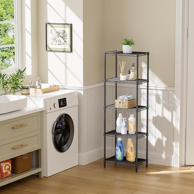 SINGAYE Metal Shelves Wire Shelving：Storage Rack Standing Units Shelf for Kitchen Laundry Bathroom Closet Organizers Pantry Narrow Mesh Adjustable 10" D x 16" W x 55" H Black