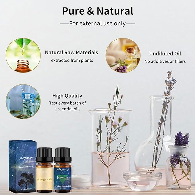 BURIBURI Honeysuckle Oil and Jasmine Essential Oil Set 2 Pack, 100% Pure Diffuser Oil Honeysuckle Essential Oil for Massage, Soap Making