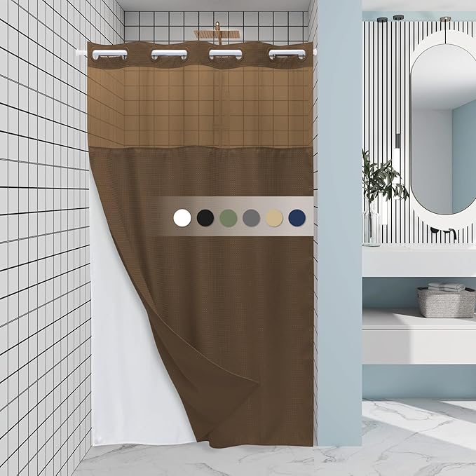 Brown Stall No Hook Shower Curtain with Snap in Liner,230GSM Waffle Weave Shower Curtains for Bathroom,54W x 80H