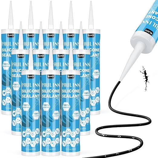 PAULINN 12 Packs Black Silicone Sealant 100% Waterproof Silicone Caulk