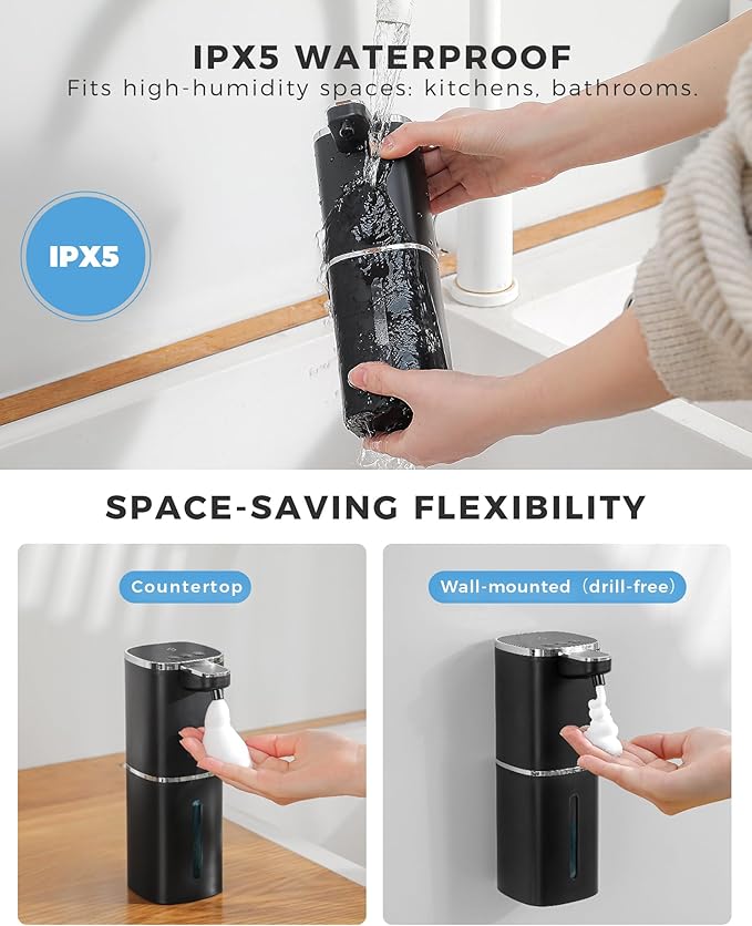 2 Pack Automatic Foaming Soap Dispenser, 12.8oz Rechargeable, Adjustable Foam Levels, IPX5 Waterproof, Touchless & Wall/Tabletop Use for Kitchen Bathroom, Black