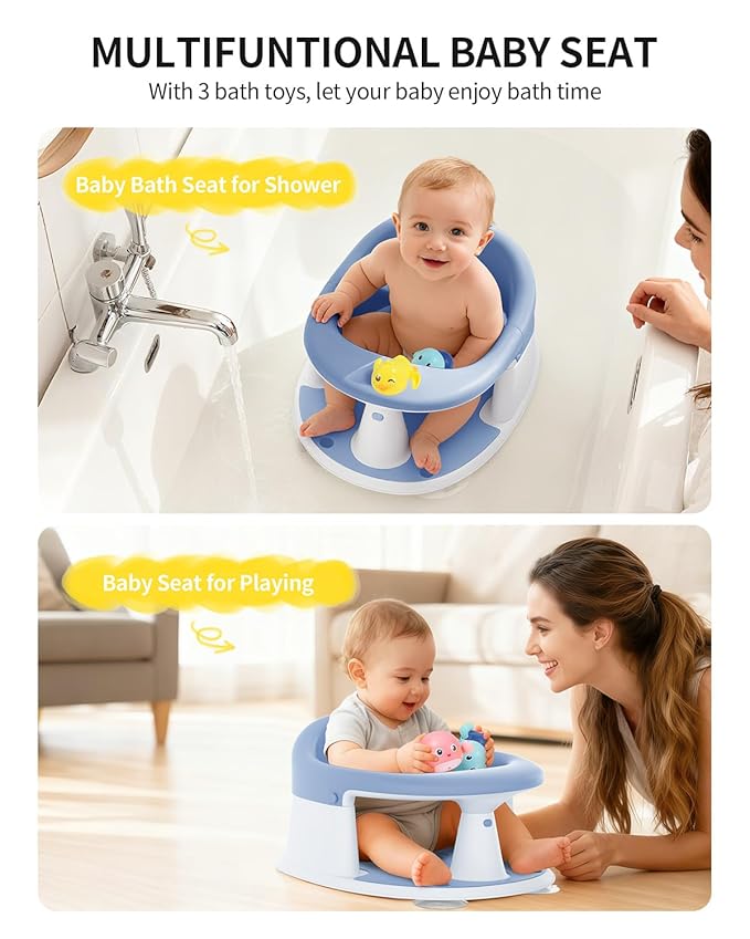 Baby Bath Seat for Babies 6 Months & Up, Bath Seats for Babies Sitting Up, 3 Baby Bath Toys, Open Design, Non-Slip, Compact Toddler Bath Seat.