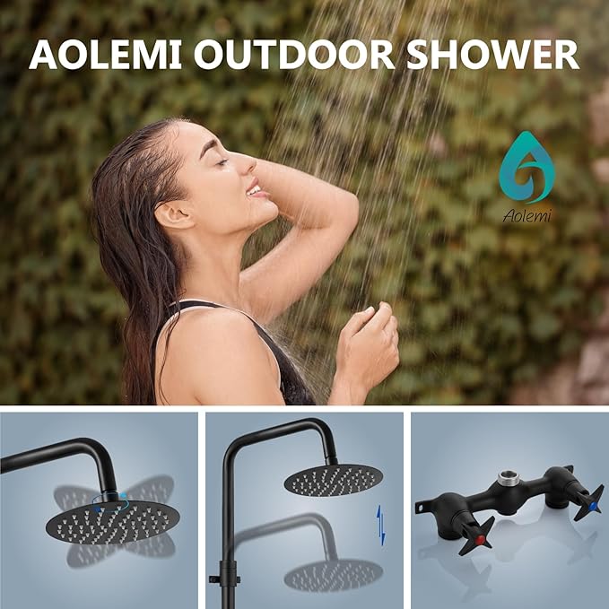 Aolemi Outdoor Shower Kit - Double Handle Exposed Shower with 8 Inch Rainfall Shower Head - Adjustable Height - Matte Black