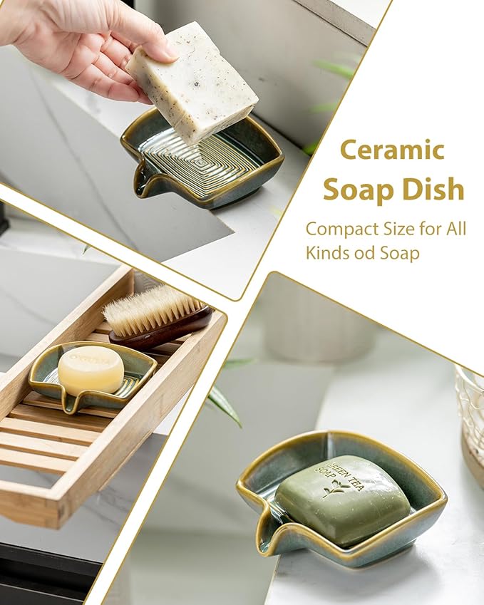 Self Draining Soap Dish, Ceramic Drain Soap Holder Waterfall Design Soap Saver for Shower, Bathroom, Sink, Kitchen and Countertop, Keeps Dry, Blue and Green