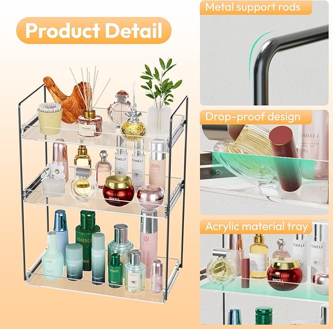Bathroom Countertop Organizer, 3 Tier Metal Vanity Counter Skincare Shelf, Matte Black Under Sink with Acrylic Tray, Home Storage Holder for Makeup Cosmetics Perfume Spice,Black+Clear