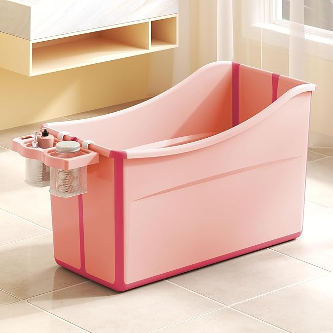 Collapsible Baby Bathtub Foldable Bathtub for Toddler Portable Large Foldable Bath Tub Bathtub for Kids Petite with Thermometer and Storage Basket (Pink)