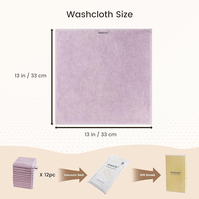 SEMAXE 100% Cotton Washcloths 12-Pack, 13 × 13 Inch Soft Luxury Face Towels – Super Absorbent & Quick-Dry, Premium Cloth with Hanging Loop, Oeko-TEX Certified, Gift-Ready Box, Purple