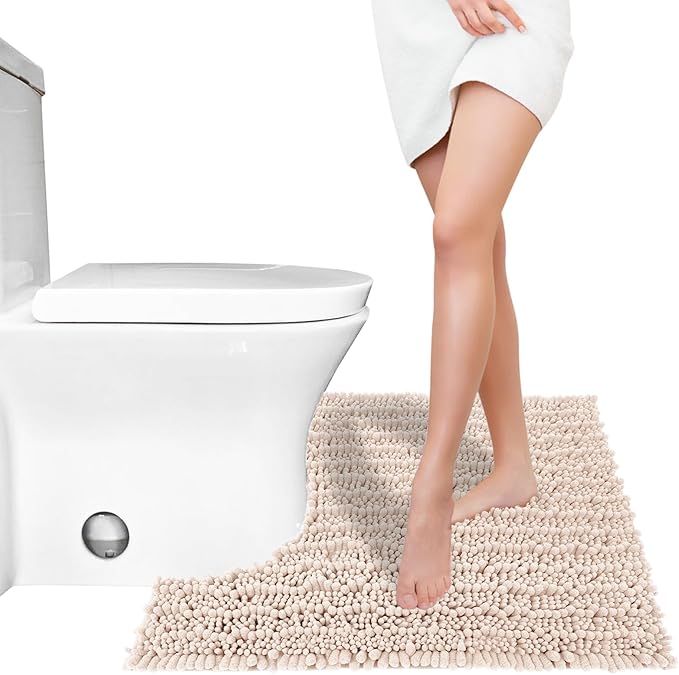 Yimobra Toilet Rug U Shaped Washable 24x20 Inch - Ultra Soft Absorbent Chenille Bath Rugs for Toilet, Quick Dry & Machine Washable, Non Slip Contour Bathroom Mat, Pinkish Beige
