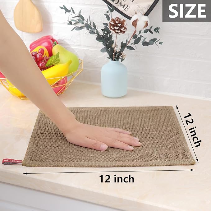 Homaxy 100% Cotton Waffle Weave Kitchen Dish Cloths, Ultra Soft Absorbent Quick Drying Dish Towels, 12 x 12 Inches, 8-Pack, Tan