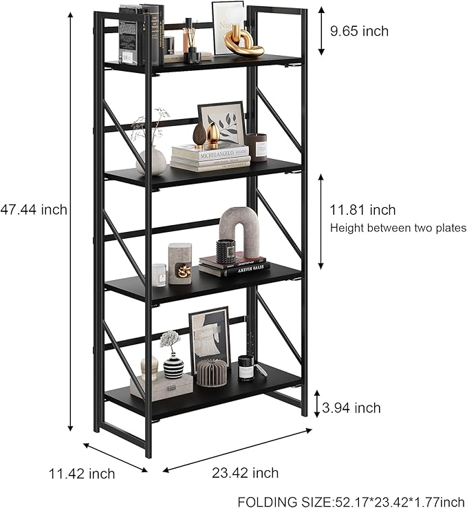 JSB No Assembly Folding Bookshelf, 4 Tier Industrial Metal Book Shelf for Storage, Vintage Wood Foldable Bookcase for Living Room, Bedroom, Office Organization Shelves