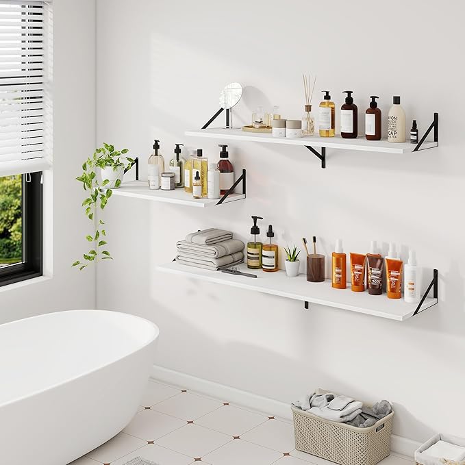 Dreamland Floating Shelves for Wall, 12 Inch Deep Floating Shelves Set of 2, 30W x 12D Large Wall Shelf with Sturdy Metal Brackets for Living Room, Bathroom, Bedroom and Kitchen, White
