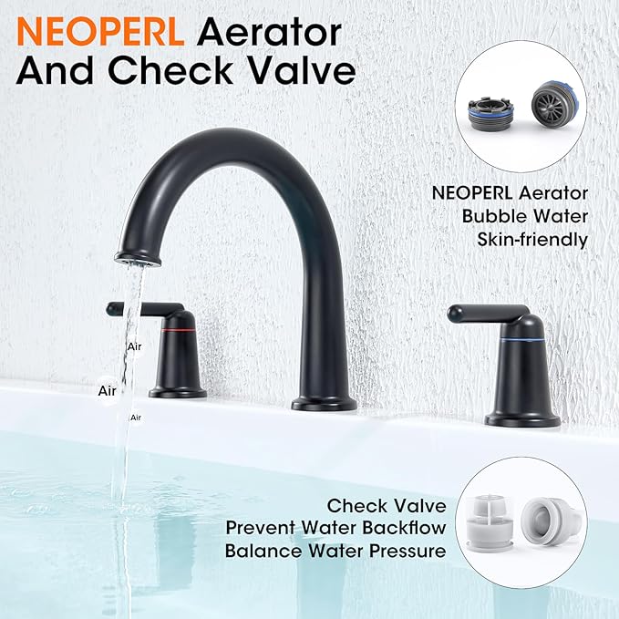 Bathtub Faucet Set 3 Hole, Widespread Deck Mount Tub Faucet with Valve Brass High Flow Tub Filler Garden Bath Tub Faucet Set 2-Handle High Arch Roman Bathtub Faucets Matte Black WT-9807BK