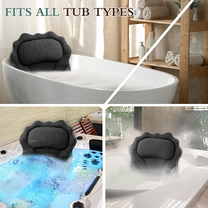 Bath Pillow RUVINCE Ergonomic Luxury Bathtub Pillow with Head,Neck, Shoulder and Back Support, 4D Bath Pillows for tub with 6 Powerful Suction Cups, Fits All Bathtub, Spa Tub, Hot Jacuzzi (Black)
