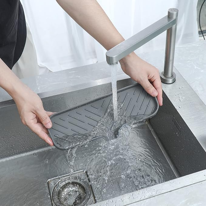 Silicone Bathroom Soap Dishes with Drain Spout-Bathroom and Kitchen Sink Organizer,Sponge Holder,Dish Soap Tray,Perfect for Dispenser,Scrubber,Bottle,Cup on Sink or Counter-Grey 12"×4"
