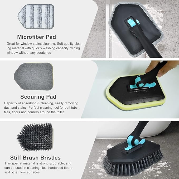 Long Handled Scrub Brush for Shower,3-in-1 Cleaning Brushes with 3 Different Function Cleaning Heads Brush for Shower Cleaning Bathroom Kitchen Walls Tub Tile (Black)